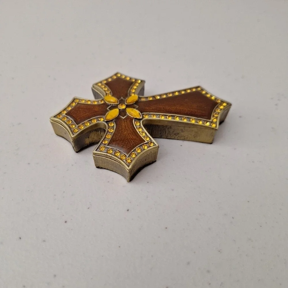 Vintage Ornate Brass Enamel Jeweled Trinket Box Cross 4.5